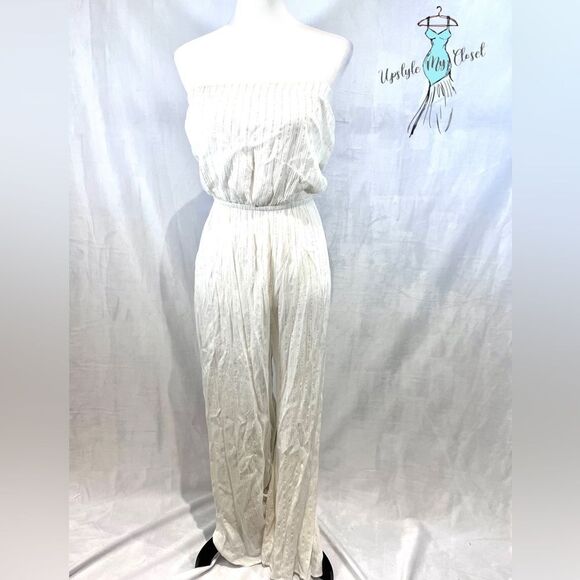 White and silver metallic strapless jumpsuit size medium - Picture 1 of 5